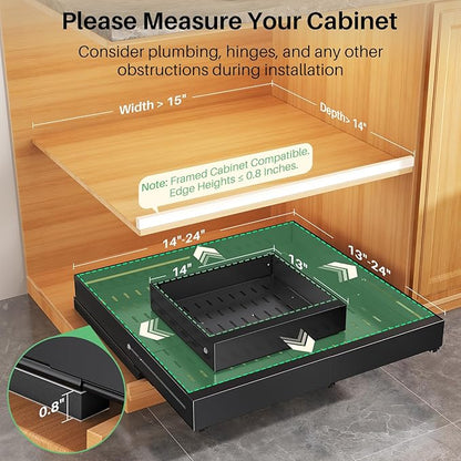 Pull out Cabinet Organizer, Expandable Width(14"-24"), Depth(13"-24") with 3 Rails, Slide Out Drawers With Raising Pad for Framed Cabinets, Fixed with Adhesive Film for Cabinets in Kitchen, Black