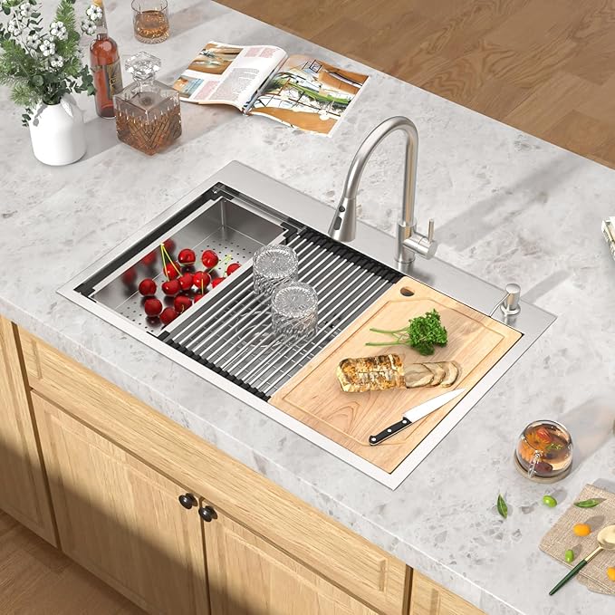 33 Inch Drop-In Double Bowl Kitchen Sink, 16 Gauge 304 Stainless Steel 60/40 Low Divide Workstation All-In One Large Sink with Accessories, Brushed Nickel #TLDB-502
