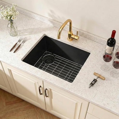 Black Bar Sink,Black Granite Composite Kitchen Sink With Accessories,19 Inch Undermount Quartz Stone Kitchen Sinks,19" x 17" x 9 Black Kitchen Sink with Offset Drain