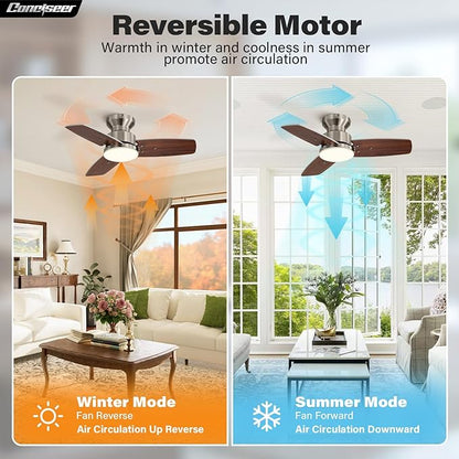 42 Inch Ceiling Fans with Lights and Remote, Bedroom Living Room Office, Flush Mount, 3CCT Dimmable, Dual Color 3 Blades 6 Speed Reversible Quiet DC Motor, Sand-Nickel/Wood Grain, 2 Pack