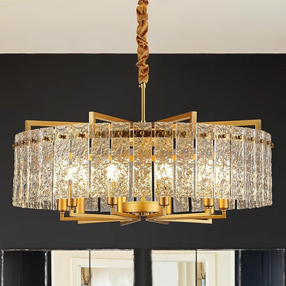 Gold Crystal Chandeliers for Dining Room 10-Light, 29.5” Modern Water Ripple Glass Light Fixture, Farmhouse Round Lighting for Kitchen Island, Bar Table