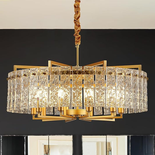 Gold Crystal Chandeliers for Dining Room 10-Light, 29.5” Modern Water Ripple Glass Light Fixture, Farmhouse Round Lighting for Kitchen Island, Bar Table