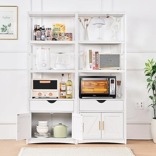 VECELO 3-Tier Microwave Stand Bakers Rack Cabinet, Fits 1.0 Cu.Ft. Oven, Farmhouse Storage with Charging Station, Coffee Bar Shelves & Drawer, Freestanding Cupboard, White