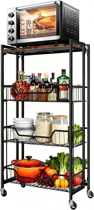 PeakPursuit Large 4-Tier Collapsible Wooden Storage Shelf – Heavy Duty 100 lbs Capacity, Locking Wheels – Space-Saving Organizer for Kitchen, Garage, Workshop, Home – No Assembly Required