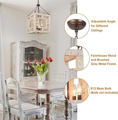 Farmhouse Chandelier, 4-Light Wood Suqure Chandeliers for Dining Romm, Living Room, Foyer and Kitchen Island, Weathered White Wood & Rustic Metal Finish