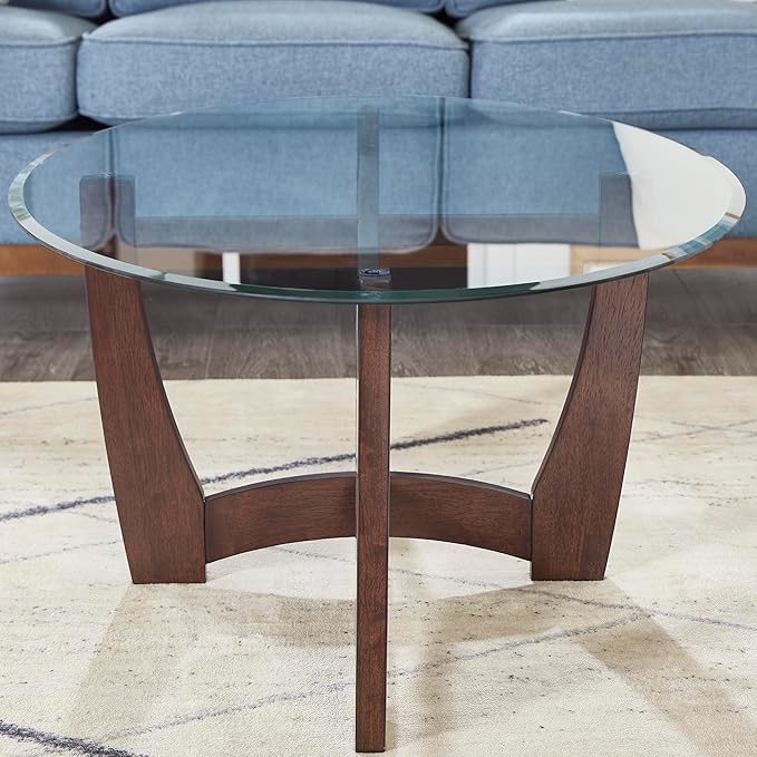 48" Oval Coffee Tables, Modern Center Table with Tempered Glass Tabletop Cross and Solid Wood Base, Small Space Coffee Table for Living Room Cherry