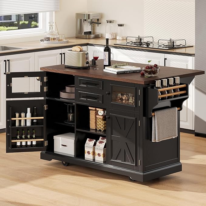 RUNNA 54.9" Kitchen Island with Drop Leaf,Power Outlet,Storage Cart with 4 Door Shelves,Cross Barn Doors & Visual Glass Door,Rolling on 4 Wheels,Dining Room (Black#77)