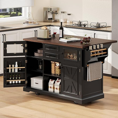 RUNNA 54.9" Kitchen Island with Drop Leaf,Power Outlet,Storage Cart with 4 Door Shelves,Cross Barn Doors & Visual Glass Door,Rolling on 4 Wheels,Dining Room (Black#77)