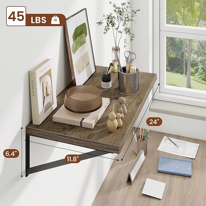 Deep Wall Shelves 24"W x 12"D Engineered Wood Floating Shelves for Wall, Sturdy Metal Bracket Bookshelves Home Decor Storage for Living Room Bedroom Bathroom Kitchen, Set of 2, Grey Finish