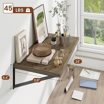 Deep Wall Shelves 24"W x 12"D Engineered Wood Floating Shelves for Wall, Sturdy Metal Bracket Bookshelves Home Decor Storage for Living Room Bedroom Bathroom Kitchen, Set of 2, Grey Finish
