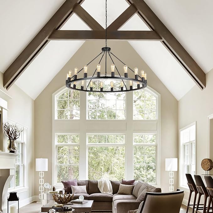 Wagon Wheel Chandelier, Large Black Farmhouse Chandelier for Dining Room Light Fixture, 20-Light 48 Inch Extra Hanging Lighting for High Ceilings Living Room Kitchen Island Foyer Villa