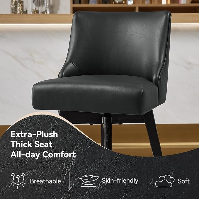 Counter Height Bar Stools Set of 2, Swivel Barstools with Backs and Wood Legs, Faux Leather Upholstered Counter Stools for Kitchend Island, Mid-Century Modern 26" Seat Height Bar Chairs, Black