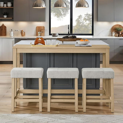 4-Piece Kitchen Island Counter-Table Set with Charging Station, Industrial 59" Dining Tables with 3 Stools, 59 Inch Farmhouse Bar Table Chairs w/USB & Type-C & Power Outlets,Light Oak