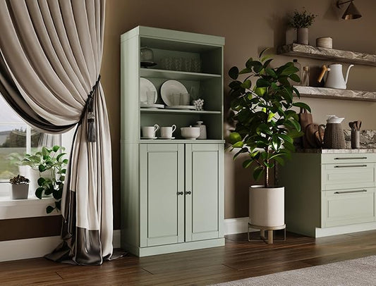 Palace Imports 100% Solid Wood Kitchen Pantry w/ 2 Wood Doors, Sage, 32" w x 71.5" h, Renewable Eco-Friendly Pine, Made in Brazil