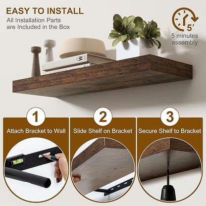 Fun Memories 66 Inch Fireplace Mantel - Long Floating Shelf, Wall Mounted Farmhouse Display with Invisible Heavy Duty Metal Bracket, Brown, 2 Pack