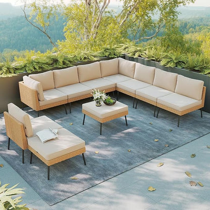 Aoxun 10 Piece Patio Furniture Set, 10 Seats Outdoor Sectional Sofas with Thick Cushion, Wicker Outdoor Patio Furniture Set with Ottomans for Party, Garden, Backyard, Beige