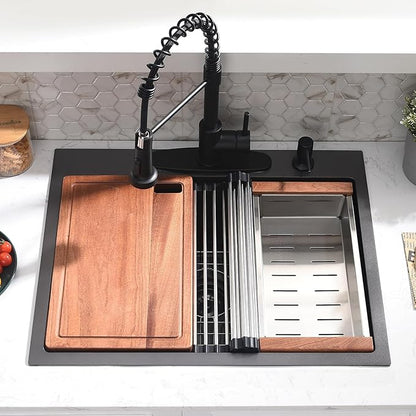 25x22 Black Drop In Kitchen Sink with Faucet Combo - 25 Inch Stainless Steel Workstation Kitchen Sink and Faucet Combo Set, Single Bowl Drop In Sinks Black with Accessories
