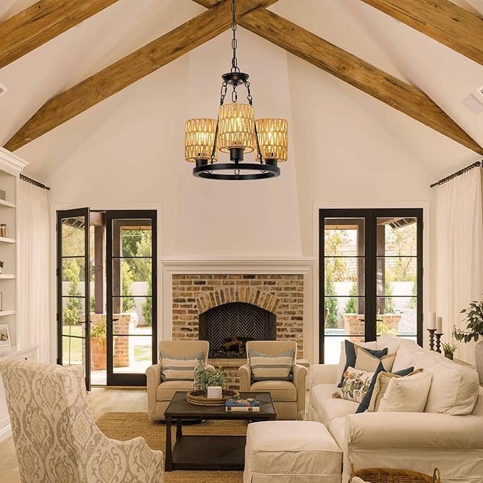 3-Light Boho Rattan Chandeliers for Dining Room,Farmhouse Wagon Wheel Chandeliers,Adjustable Height Hanging Round Pendant Lighs for Kitchen Island,Wicker Lampshade Chandelier Light Fixture