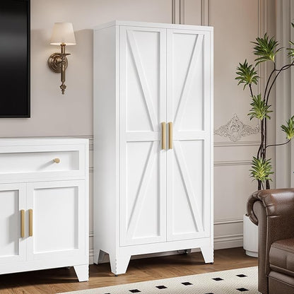 LCAOPC 61" Tall Metal Storage Cabinet with 2 Doors and 3 Adjustable Shelves, 4-Tier Kitchen Pantry Storage Cabinet for Kitchen, Living Room, Dining Room and Office, White
