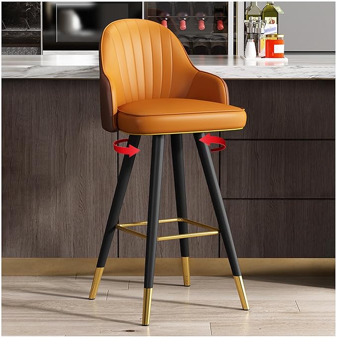 360° s, Leather Upholstered Counter Stools with Back and Footrest, Chairs for Home, Kitchen Island, Dining Room,Orange+brown-75CM
