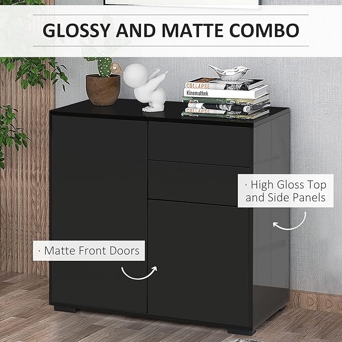HOMCOM High Gloss Buffet Sideboard with Drawers, Door Cupboards and Adjustable Shelf, Kitchen Storage Cabinet with Push to Open Design, Black