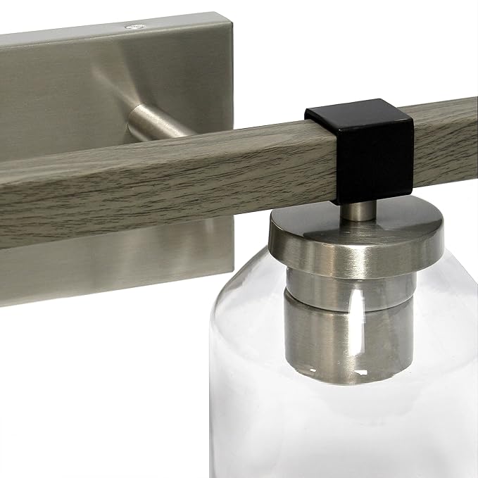 Elegant Designs VT1019-GRY 14" Country Farmhouse Gray and Brushed Nickel Decorative 2 Light Wall Mounted Metal Vanity Fixture with Clear Glass Shades