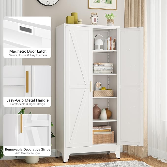 Bevivog 71" Kitchen Pantry Cabinet, Metal Storage Cabinet with 2 Doors and 4 Adjustable Shelves, Farmhouse Tall Metal Pantries Cabinets Storage for Kitchen, Home Office, Living Room, Laundry
