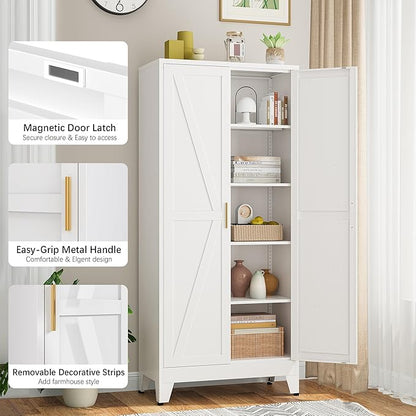 Bevivog 71" Kitchen Pantry Cabinet, Metal Storage Cabinet with 2 Doors and 4 Adjustable Shelves, Farmhouse Tall Metal Pantries Cabinets Storage for Kitchen, Home Office, Living Room, Laundry