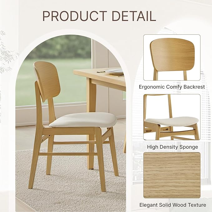 KISLOT Wooden Dining Chairs Set of 4, Upholstered Modern Dining Room Chairs, Mid Century Oak Kitchen Chairs with Ergonomic Wood Backrest for Farmhouse, Restaurant, Café (Cream Fabric & Original Color)
