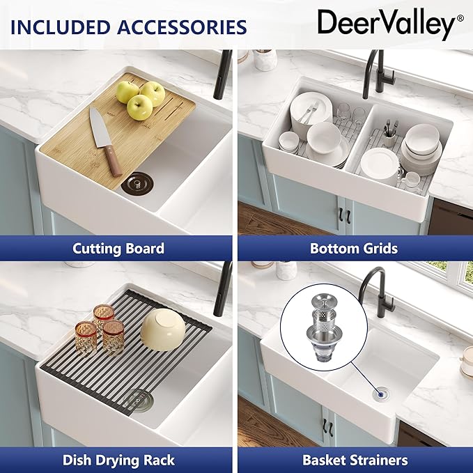 DeerValley Double Bowl Workstation Kitchen Sink 36 inch, Reversible Fireclay Deep Farmhouse Apron Front Kitchen Sinks, White Undermount Farm Sink with Ledge and Accessories