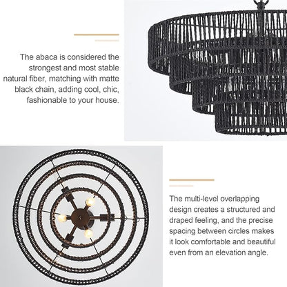 20” Hand-Woven Rattan Chandelier 6-Lights Transitional Minimalist 4 Round Boho Large Pendant Light for Kitchen Island Dining Room Living Room Hallway, Matte Black, UL Listed