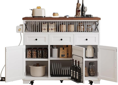 Ball & Cast Farmhouse Kitchen Island with Drape of Beads & Power Outlet, Rolling Kitchen Cart on 5 Wheels, 3 Drawers, Internal Iron Shelf & Towel Rack, for Kitchen & Dining Room, White