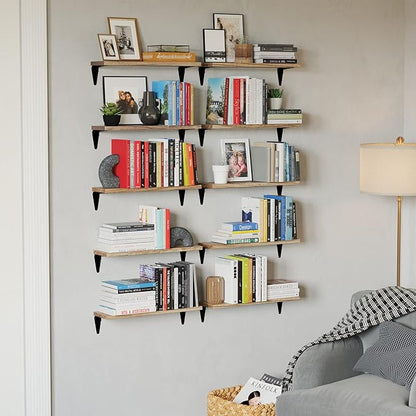 Wallniture Arras Wood Floating Shelves for Wall Storage, Small Bookshelf, Hanging Book Shelves for Living Room, Bedroom, Office, Burnt Finish, Set of 10 (Burnt)