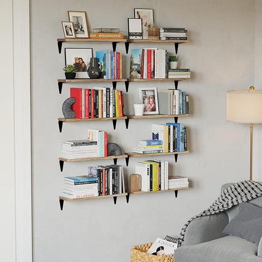 Wallniture Arras Wood Floating Shelves for Wall Storage, Small Bookshelf, Hanging Book Shelves for Living Room, Bedroom, Office, Burnt Finish, Set of 10 (Burnt)