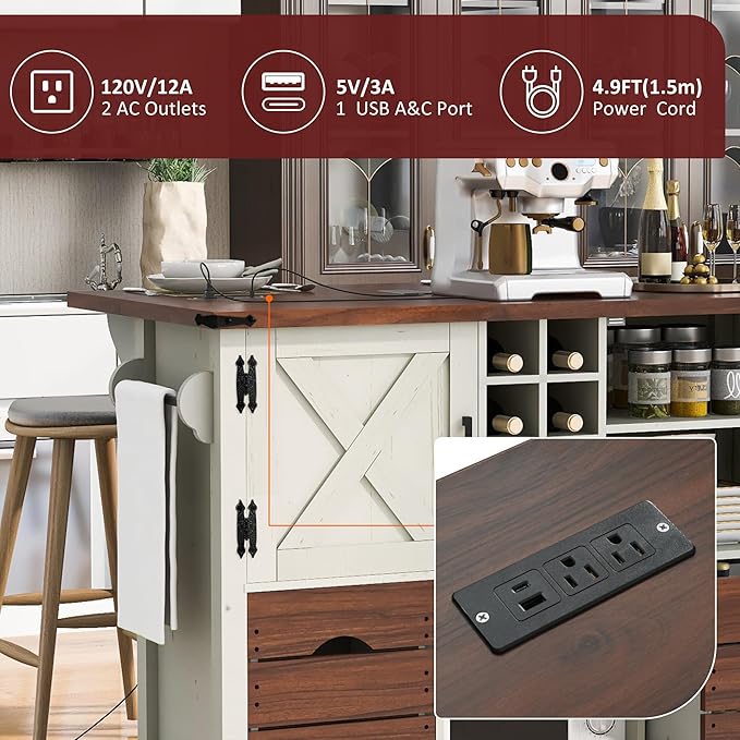 54" Farmhouse Kitchen Island Table with Drop Leaf, Power Outlet, Kitchen Storage Cart with 2 Doors, 2 Drawers, Rolling Kitchen Island on 4 Large Wheels with Spice Rack for Kitchen, Dining Room, White