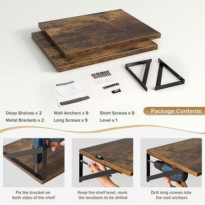 Acovy Deep Floating Shelves Wall Mounted, 16"x12" Brown Wood Shelves with Brackets Set of 2 for Bedroom, Living Room, Bathroom, Kitchen, Office - Storage & Display Shelf for Decor, Books, Plants
