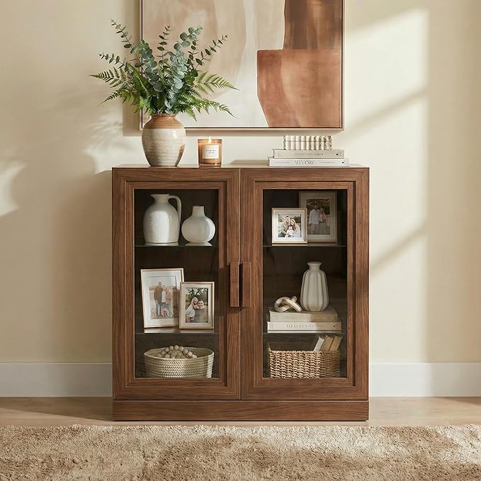 Casaphoria Adam Sideboard Buffet Cabinet with Storage, Display Cabinet with Glass Doors & Adjustable Shelves, 31" W x 31" H Buffet Cabinet for Entryway Kitchen Living Room, Walnut