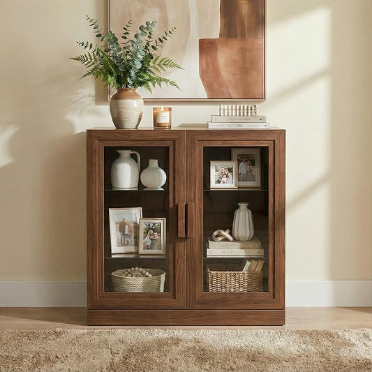 Casaphoria Adam Sideboard Buffet Cabinet with Storage, Display Cabinet with Glass Doors & Adjustable Shelves, 31" W x 31" H Buffet Cabinet for Entryway Kitchen Living Room, Walnut