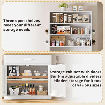 IRONCK Bakers Rack Microwave Stand Storage and Customizable Pegboard, 71" Farmhouse Coffee Bar Cabinet with Drawer, Barn Doors, Adjustable Shelves for Kitchen, Dining Room, White