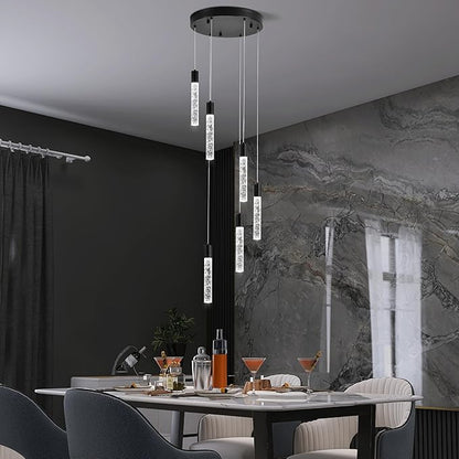 6 Light Pendant Lights Kitchen Island,Modern LED Bubble Crystal Pendants with Dimmable 3000K-6000K Ceiling Hanging Light Fixture for Dining Room Bedroom,Matte Black Finish,Adjustable Height 78"