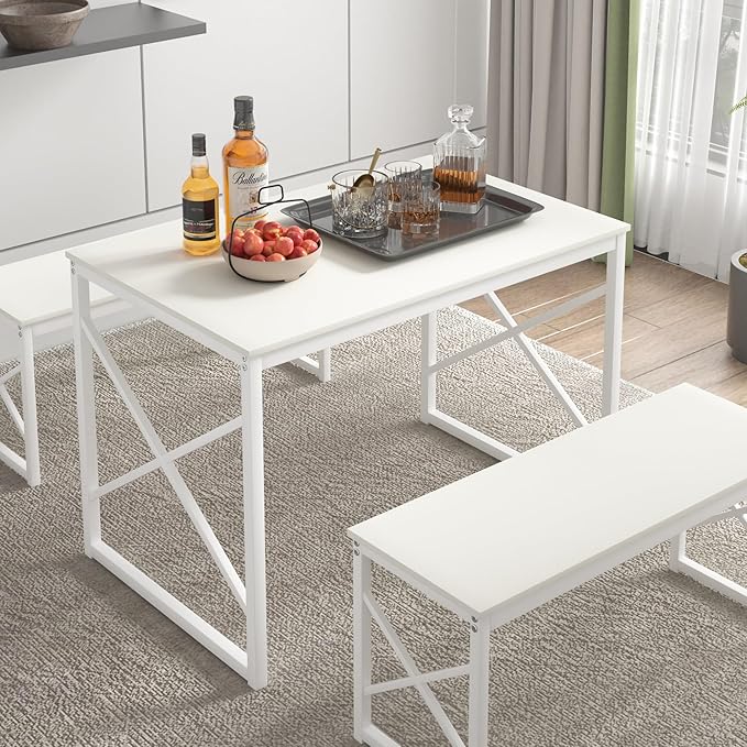 VECELO Kitchen Table with 2 Benches for 4, 43.3'' Wood Dining Room Dinette Sets with Metal Frame for Breakfast Nook and Small Space, White