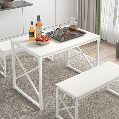 VECELO Kitchen Table with 2 Benches for 4, 43.3'' Wood Dining Room Dinette Sets with Metal Frame for Breakfast Nook and Small Space, White