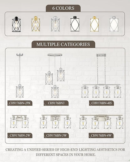 Brushed Nickel Dining Room Chandelier Light Fixture, 3-Light Pendant Lighting with Clear Glass, Modern Kitchen Island Cluster Hanging Pendant Lights for Sink, CH9176BN3