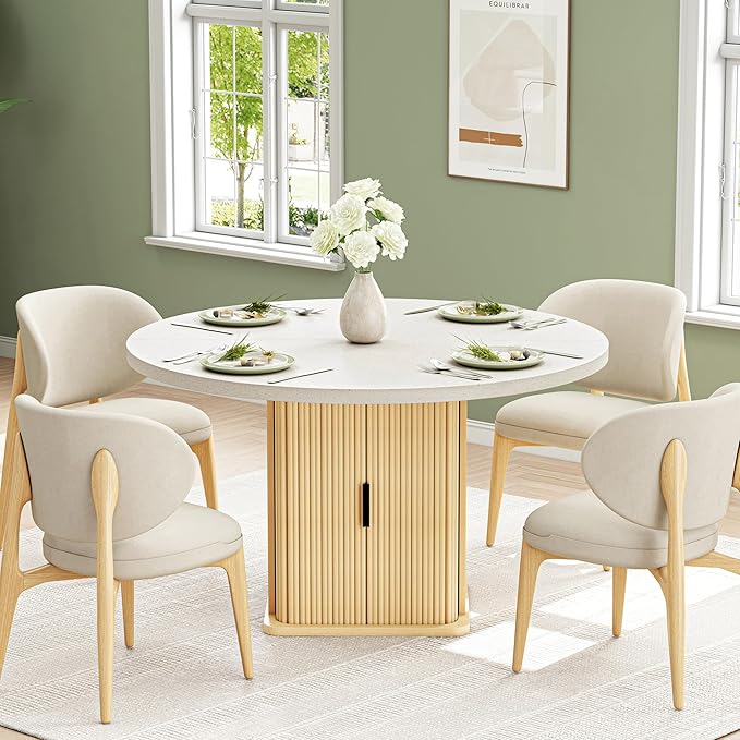 IRONCK 47 Inch Round Dining Table for 4, Modern Farmhouse Kitchen Table with Storage Shelf and Quartz Top, Circle Dinner Table with Wooden Base and Wood Slide Doors for Kitchen Dining Room, Oak