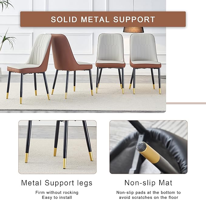 Round Dining Table Set with 2 Spliced Color PU Chairs, 31.5 Inch Dark Wood Grain Table with Suction Molding Annular Texture and Gold Leg Decoration, Modern for Kitchen and Dining Room