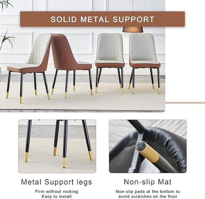 Round Dining Table Set with 2 Spliced Color PU Chairs, 31.5 Inch Dark Wood Grain Table with Suction Molding Annular Texture and Gold Leg Decoration, Modern for Kitchen and Dining Room