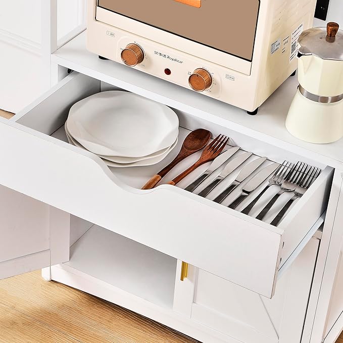 VECELO 2-Tier Kitchen Pantry Storage Cabinet with Charging Station, Freestanding Tall Cupboard with Wider and Taller Microwave Space, Farmhouse Style with Shelves and Drawer,White