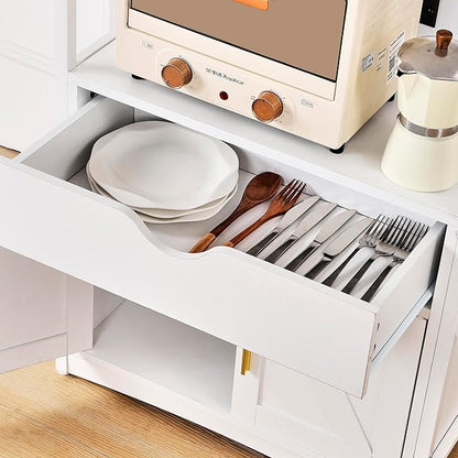 VECELO 2-Tier Kitchen Pantry Storage Cabinet with Charging Station, Freestanding Tall Cupboard with Wider and Taller Microwave Space, Farmhouse Style with Shelves and Drawer,White