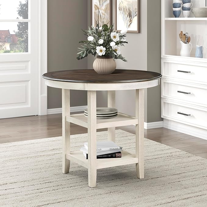 Lexicon 42-Inch Dia. Round Counter Height Table for 4 People, Counter Height Dining Table with Storage Base, Acacia Veneer, Wood Frame, for Home/Kitchen/Dining Room, Brown/Antique White