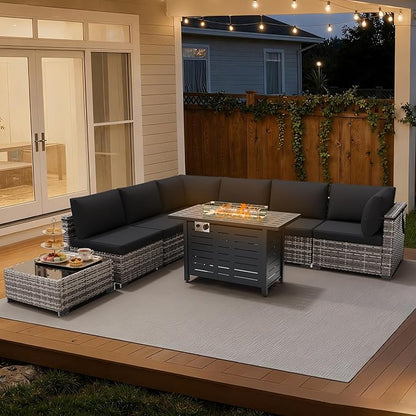 LOUVIXA 8 Piece Outdoor Patio Furniture Set, Outdoor Sectional Sofa with Firepit Table, Wicker Rattan Patio Furniture, Patio Conversation Set with Coffee Table & Cushions